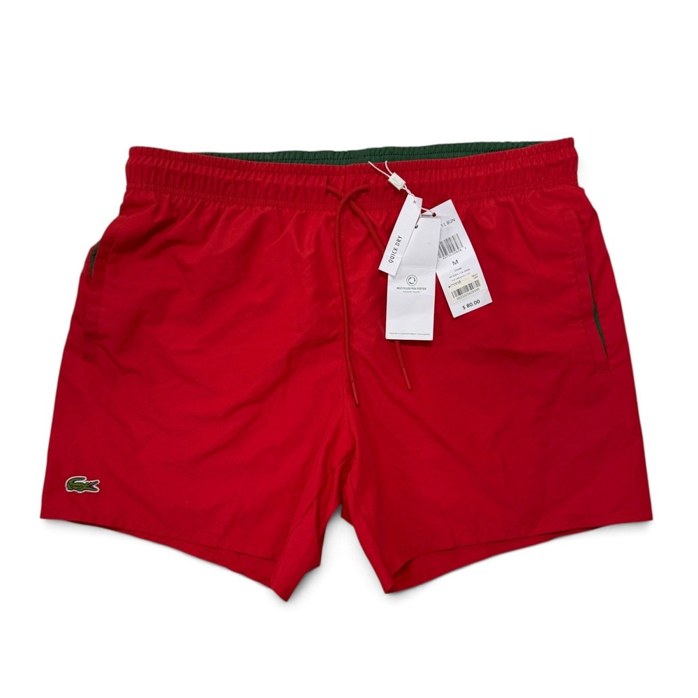 Lacoste Mens Red Quick Dry Swim Trunks Green Trim Medium Lined NWT Shorts